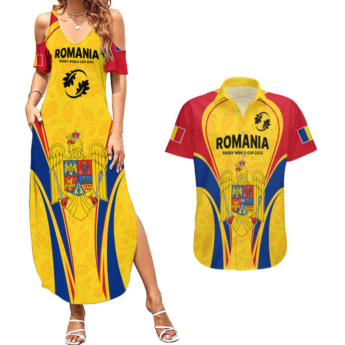 Romania Rugby Couples Matching Summer Maxi Dress and Hawaiian Shirt The Oaks World Cup 2023 Go Stejarii LT9 - Wonder Print Shop