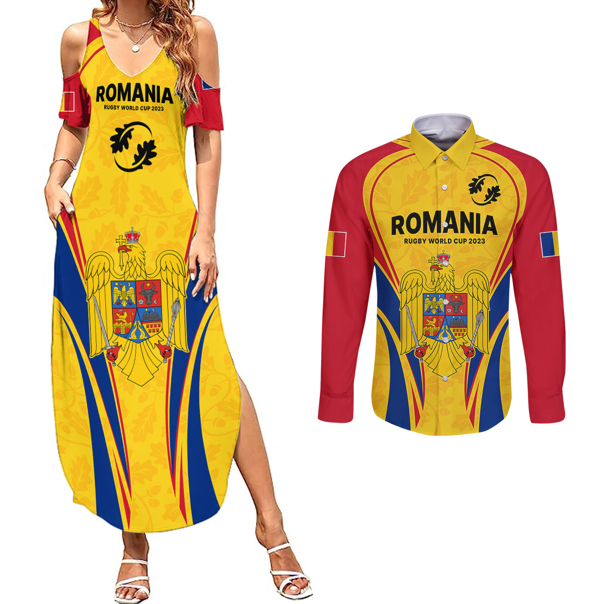 Romania Rugby Couples Matching Summer Maxi Dress and Long Sleeve Button Shirts The Oaks World Cup 2023 Go Stejarii LT9 - Wonder Print Shop