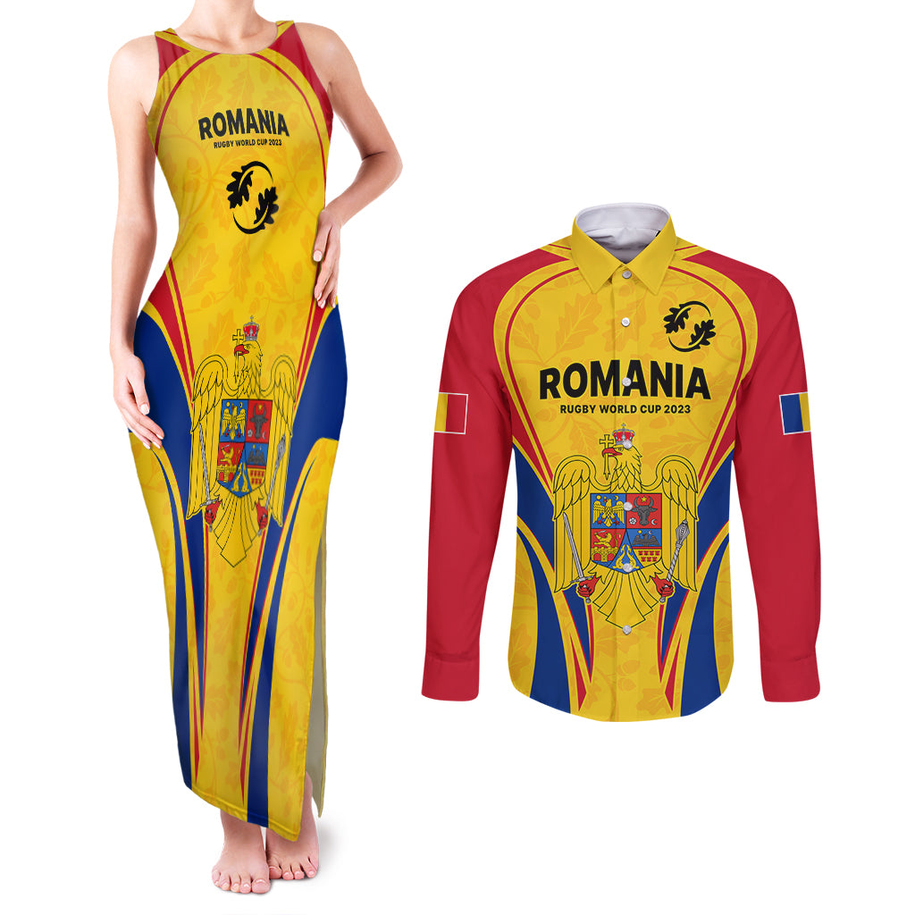 Romania Rugby Couples Matching Tank Maxi Dress and Long Sleeve Button Shirts The Oaks World Cup 2023 Go Stejarii LT9 - Wonder Print Shop