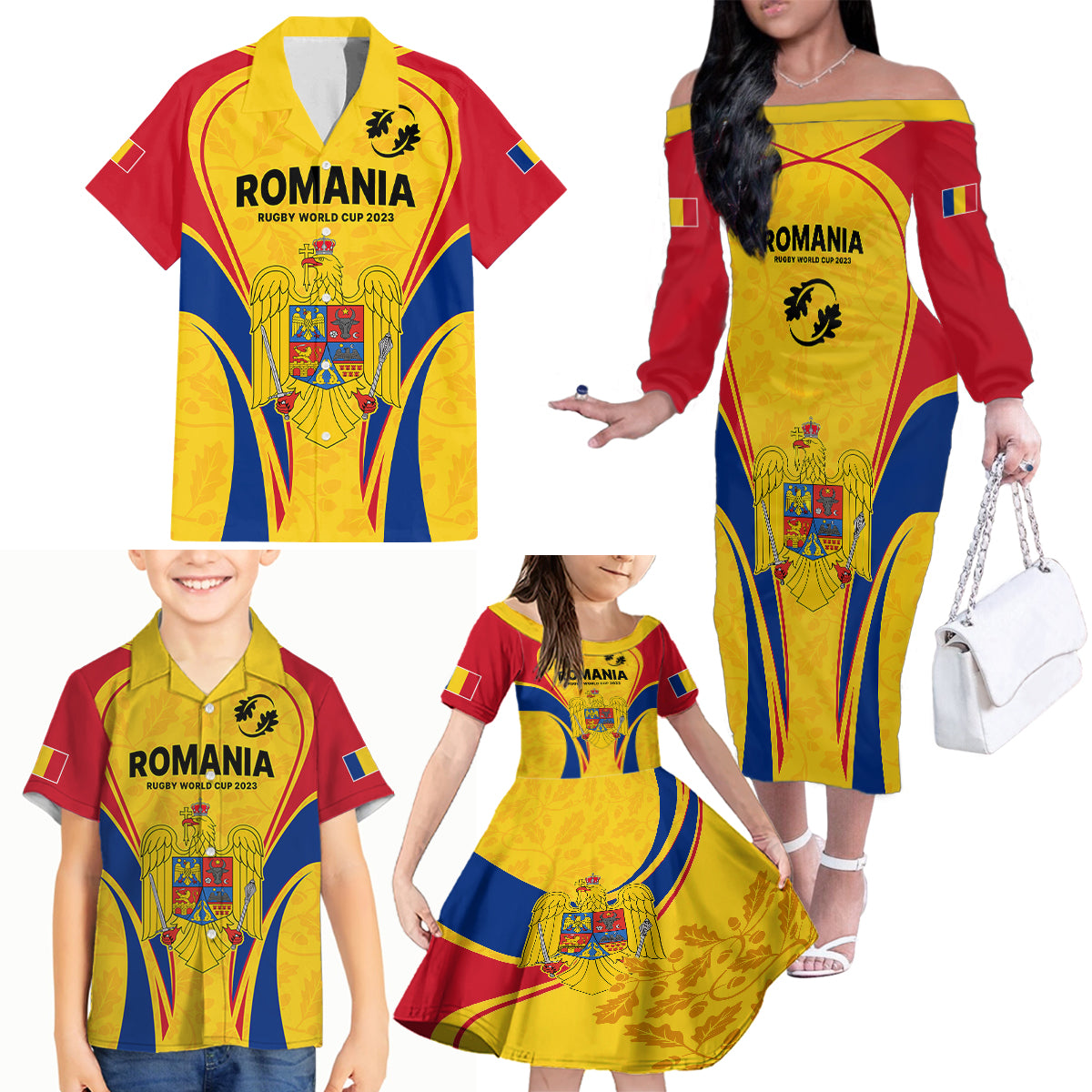 Romania Rugby Family Matching Off Shoulder Long Sleeve Dress and Hawaiian Shirt The Oaks World Cup 2023 Go Stejarii - Wonder Print Shop