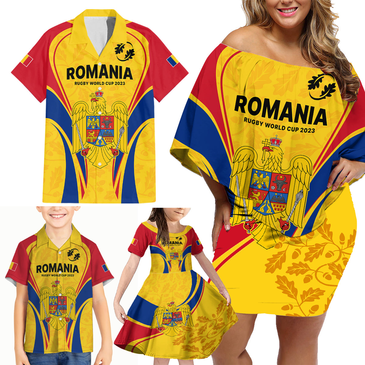 Romania Rugby Family Matching Off Shoulder Short Dress and Hawaiian Shirt The Oaks World Cup 2023 Go Stejarii LT9 - Wonder Print Shop