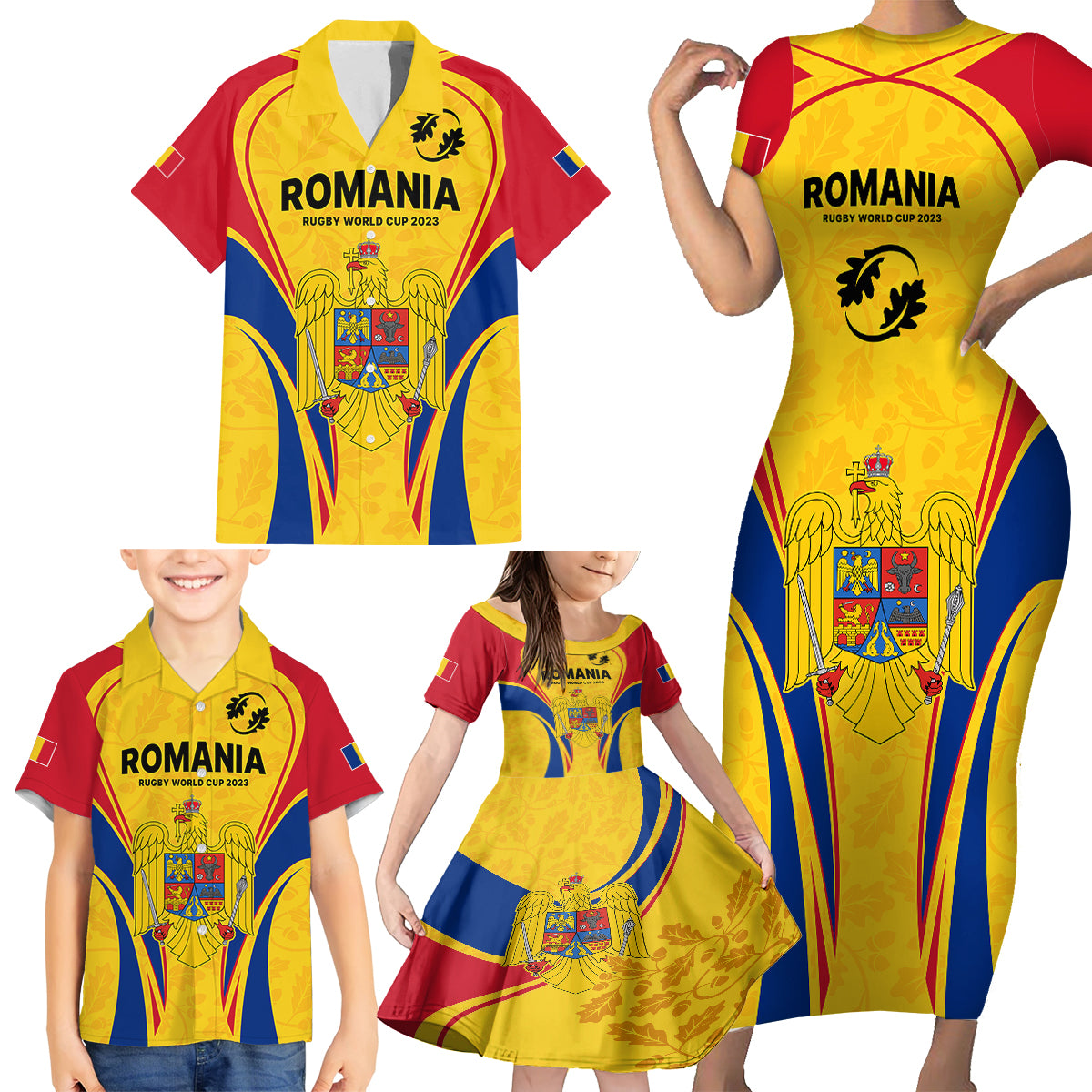 Romania Rugby Family Matching Short Sleeve Bodycon Dress and Hawaiian Shirt The Oaks World Cup 2023 Go Stejarii - Wonder Print Shop