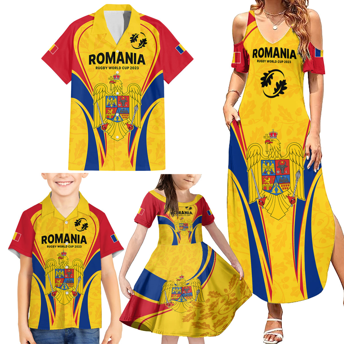 Romania Rugby Family Matching Summer Maxi Dress and Hawaiian Shirt The Oaks World Cup 2023 Go Stejarii - Wonder Print Shop