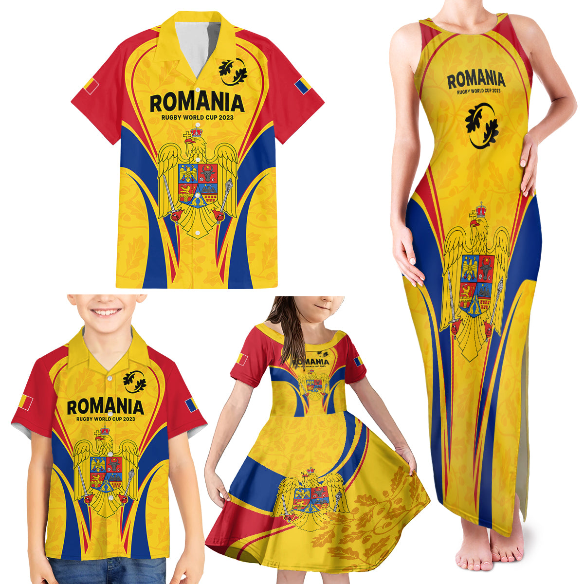 Romania Rugby Family Matching Tank Maxi Dress and Hawaiian Shirt The Oaks World Cup 2023 Go Stejarii - Wonder Print Shop