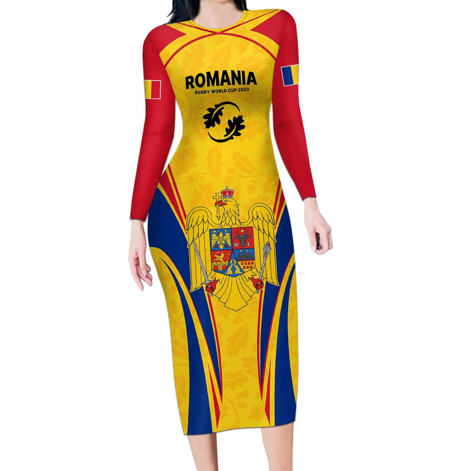 Romania Rugby Long Sleeve Bodycon Dress The Oaks World Cup 2023 Go Stejarii - Wonder Print Shop