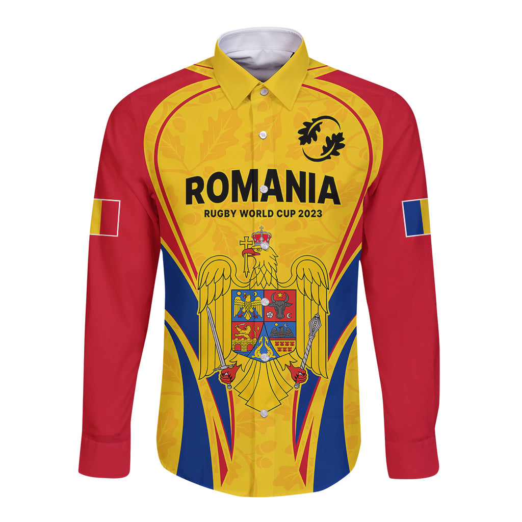 Gold long-sleeve button rugby shirt with red and blue side panels, front crest.