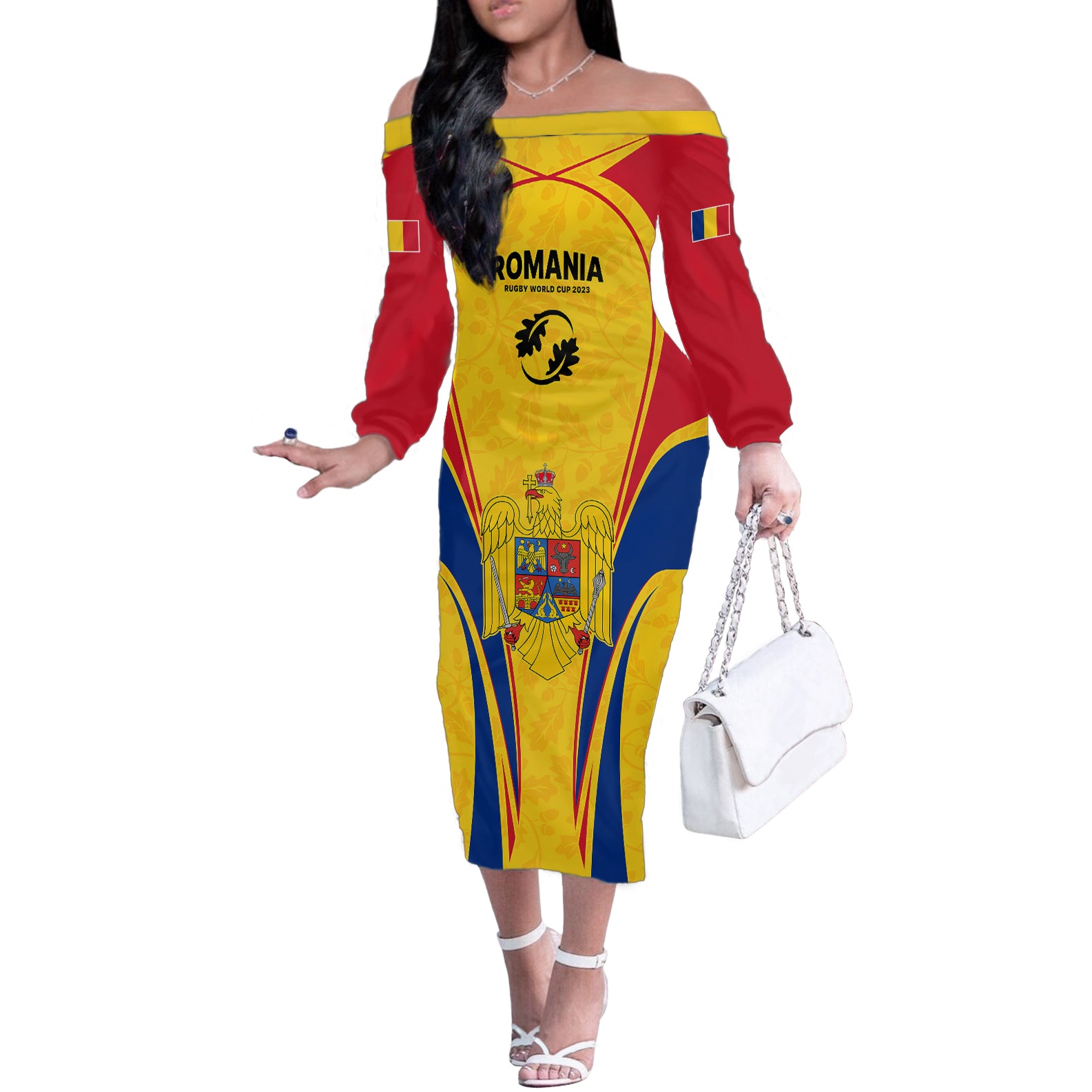 Romania Rugby Off The Shoulder Long Sleeve Dress The Oaks World Cup 2023 Go Stejarii - Wonder Print Shop