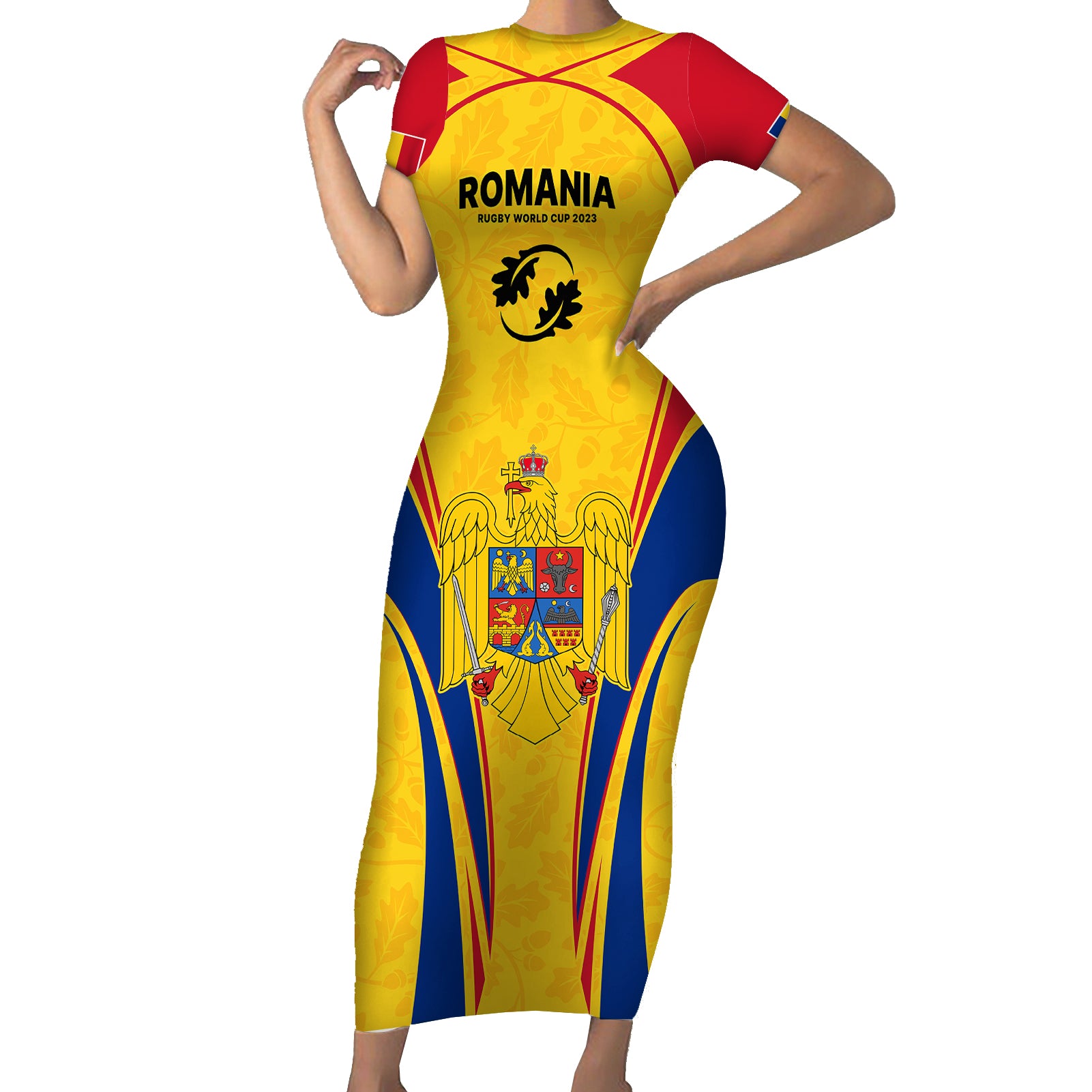 Romania Rugby Short Sleeve Bodycon Dress The Oaks World Cup 2023 Go Stejarii - Wonder Print Shop