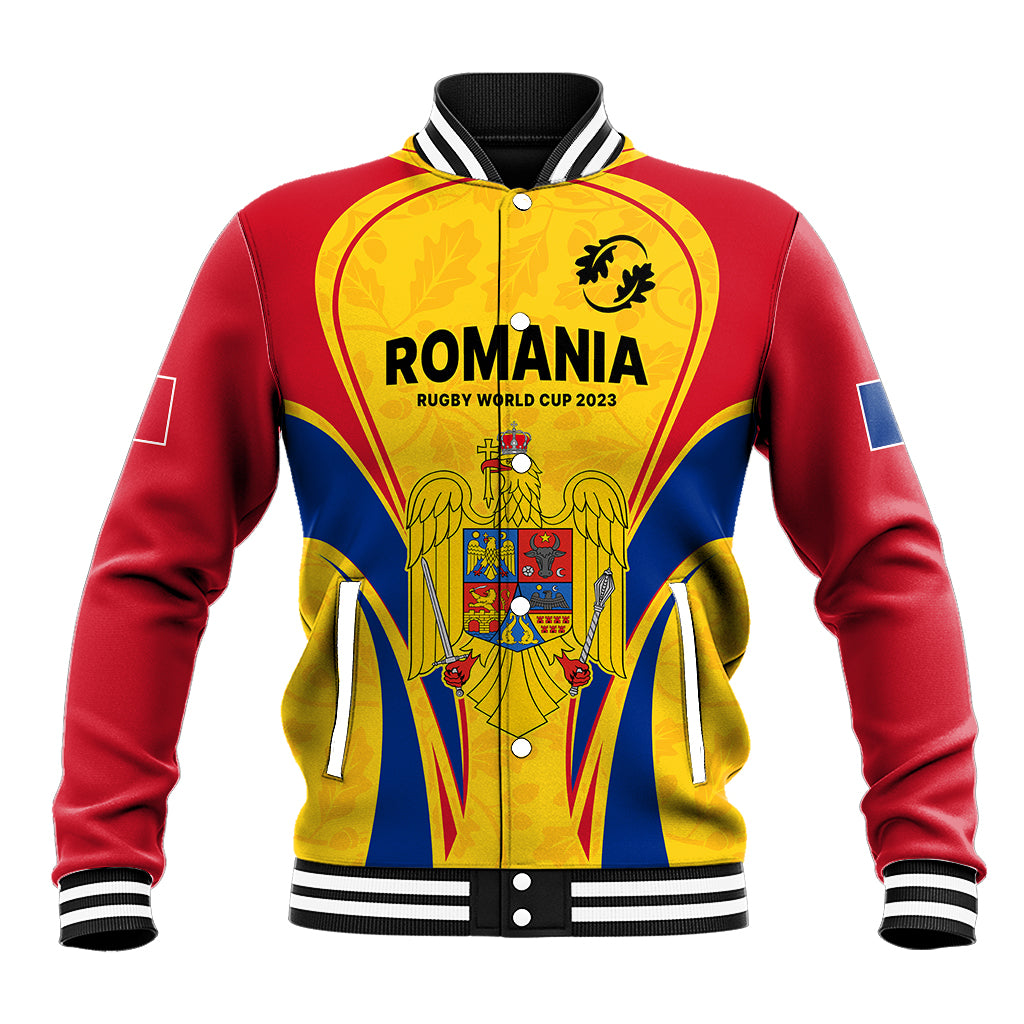 Red rugby baseball jacket with Romania graphic, striped ribbed collar and cuffs