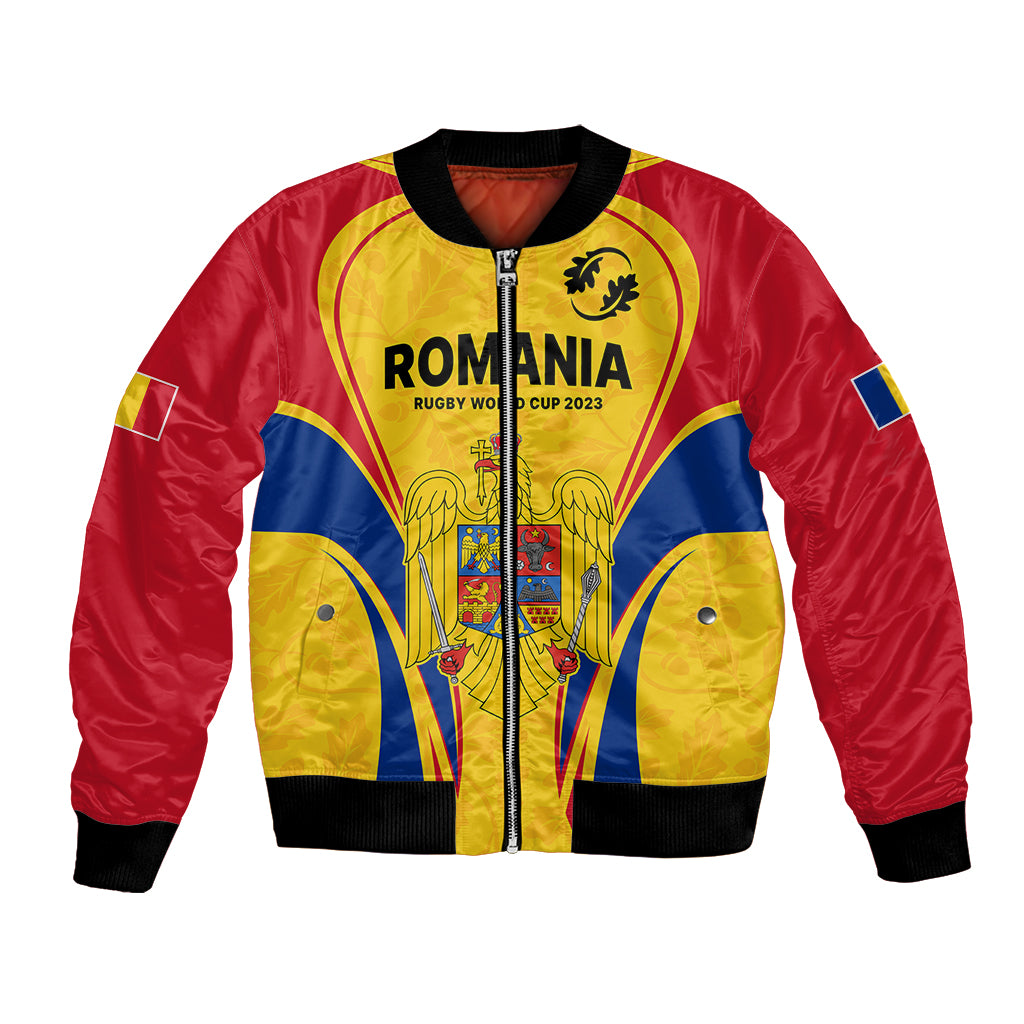 Rugby bomber jacket with red sleeves, yellow front panel, crest, and black ribbed collar