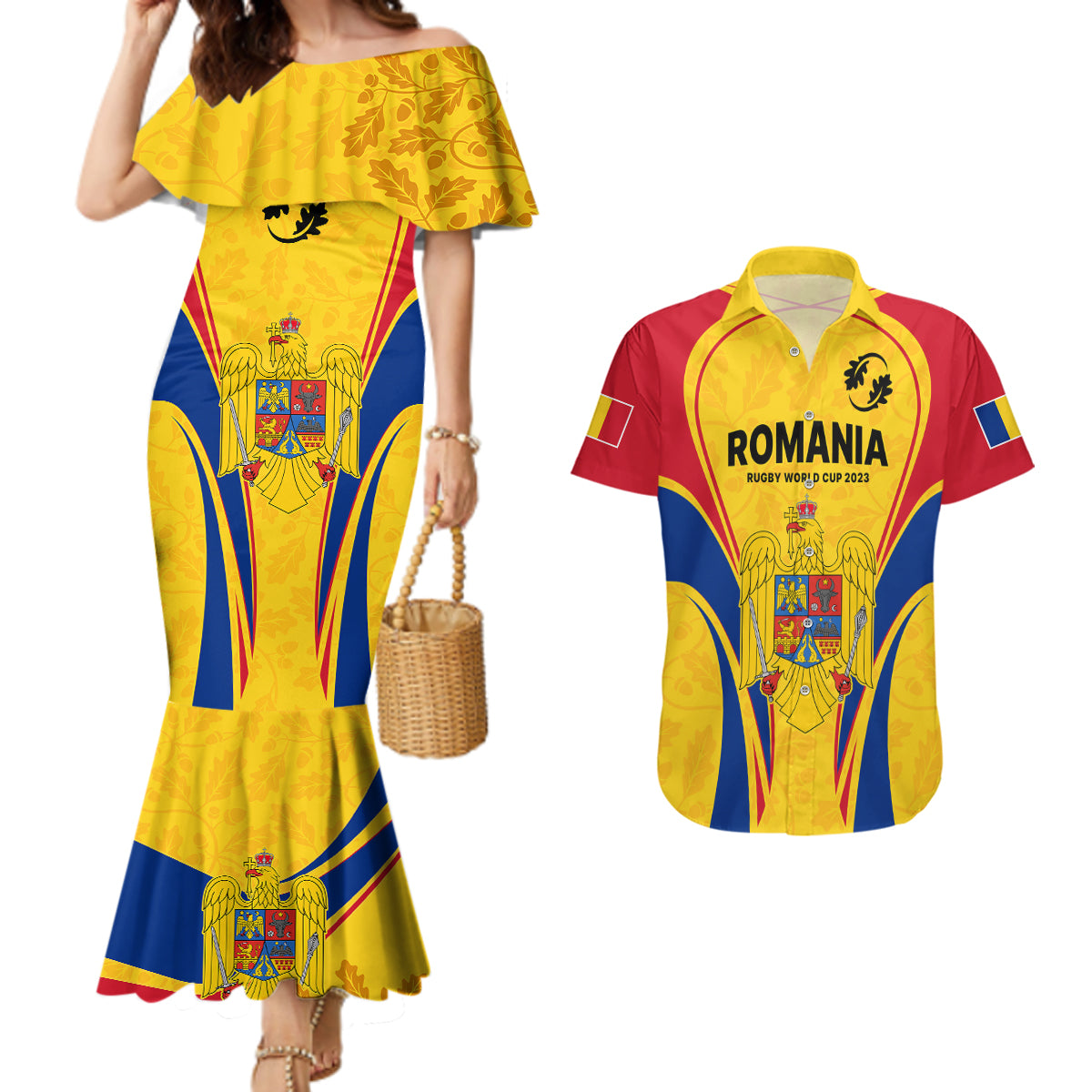 Custom Romania Rugby Couples Matching Mermaid Dress and Hawaiian Shirt The Oaks World Cup 2023 Go Stejarii LT9 - Wonder Print Shop