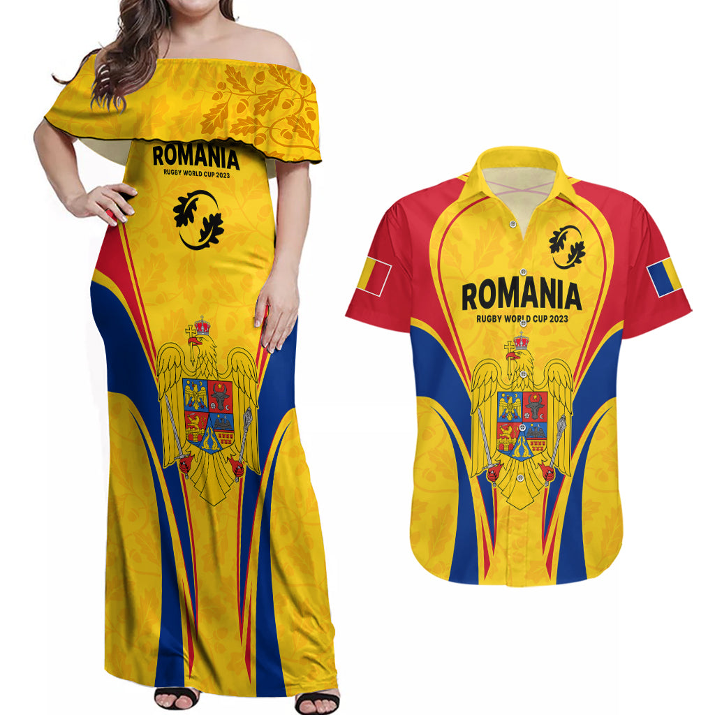 Custom Romania Rugby Couples Matching Off Shoulder Maxi Dress and Hawaiian Shirt The Oaks World Cup 2023 Go Stejarii LT9 - Wonder Print Shop