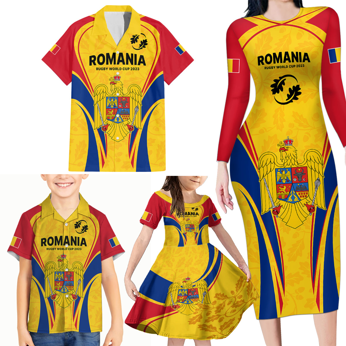 Custom Romania Rugby Family Matching Long Sleeve Bodycon Dress and Hawaiian Shirt The Oaks World Cup 2023 Go Stejarii LT9 - Wonder Print Shop