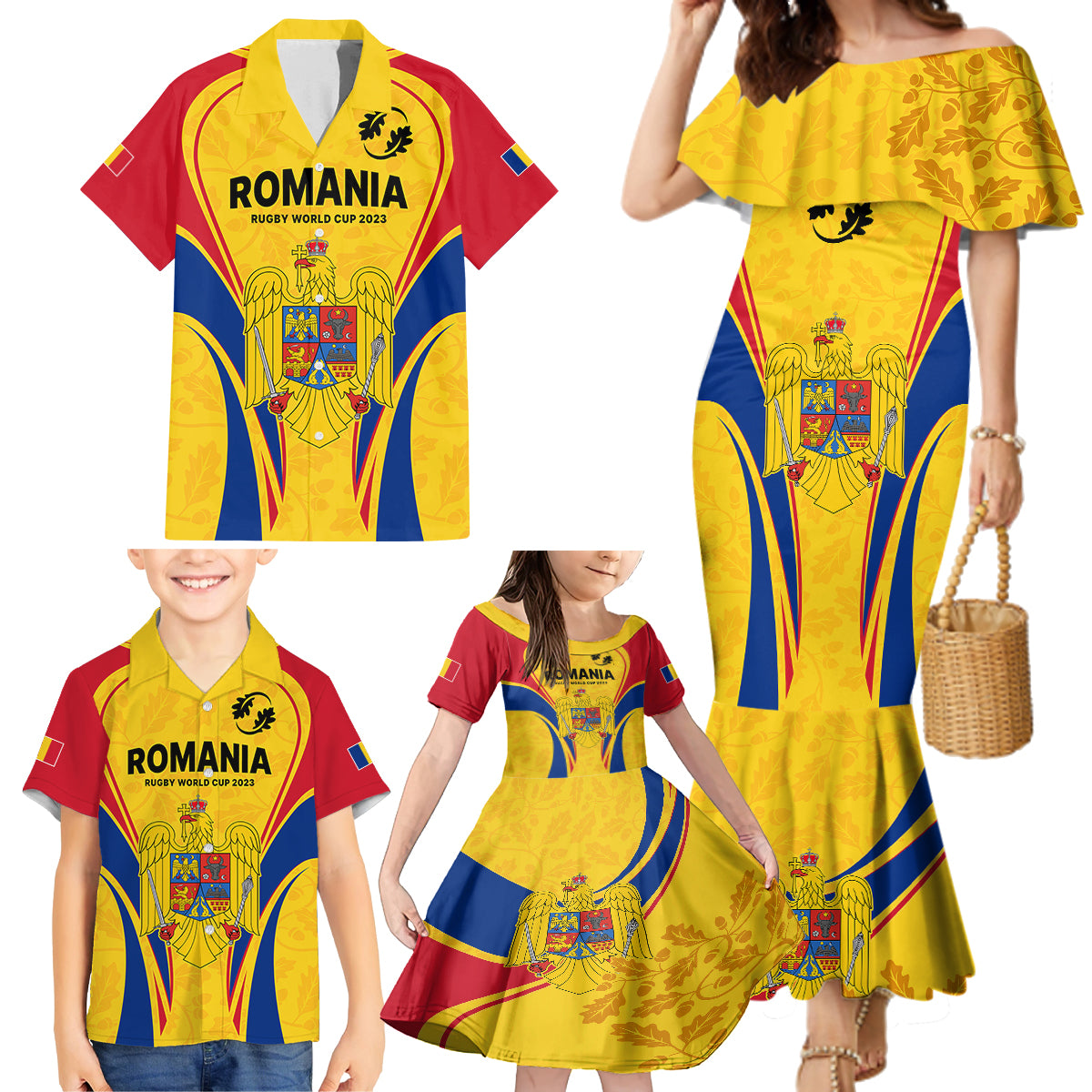 Custom Romania Rugby Family Matching Mermaid Dress and Hawaiian Shirt The Oaks World Cup 2023 Go Stejarii LT9 - Wonder Print Shop