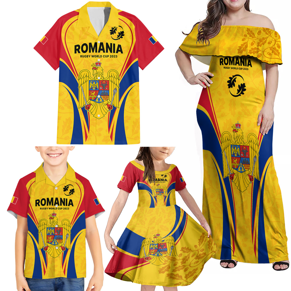 Custom Romania Rugby Family Matching Off Shoulder Maxi Dress and Hawaiian Shirt The Oaks World Cup 2023 Go Stejarii LT9 - Wonder Print Shop