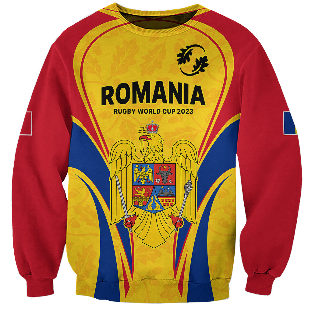 Rugby sweatshirt in red with gold/blue crest graphic, ROMANIA Rugby World Cup 2023