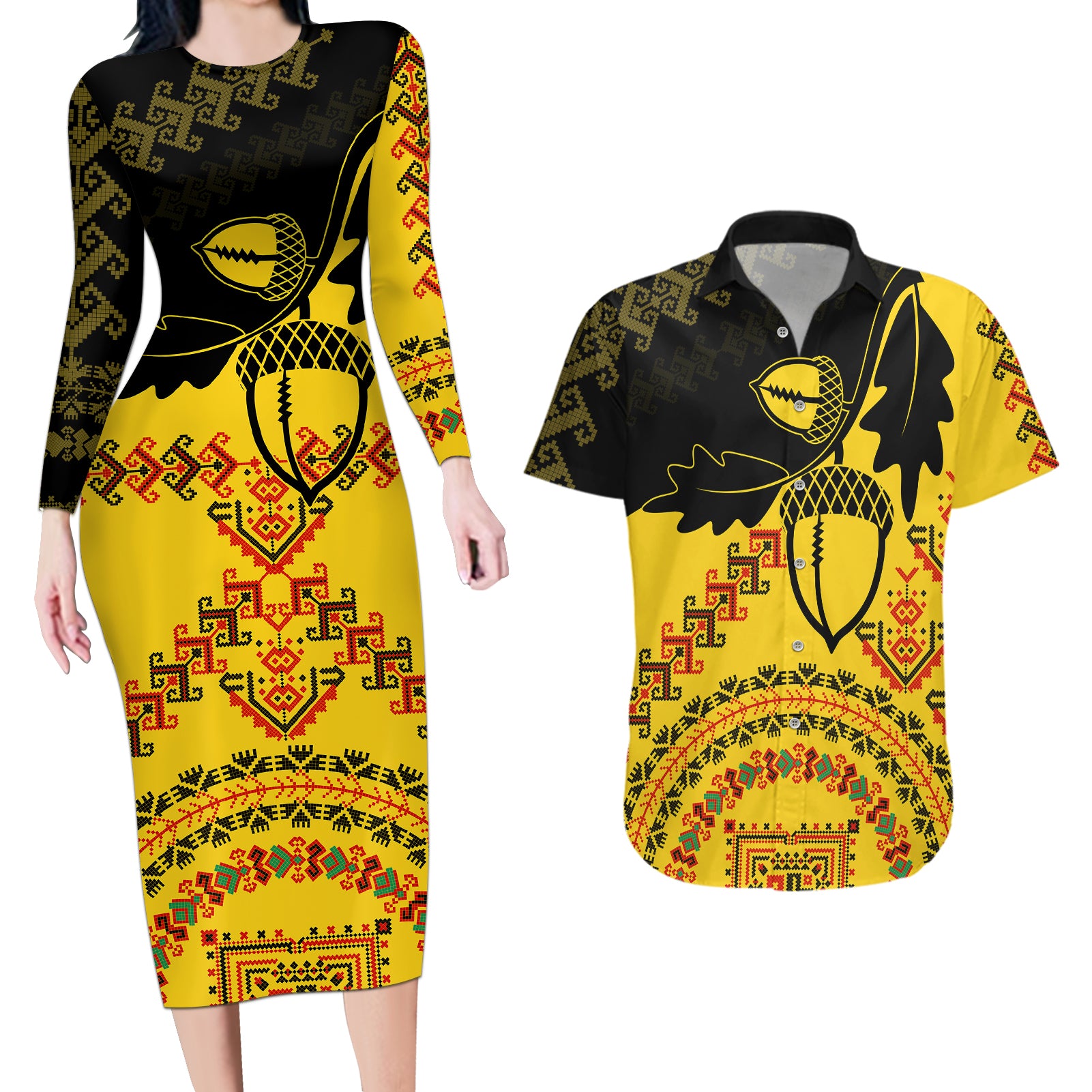 Personalised Romania Oaks Rugby Couples Matching Long Sleeve Bodycon Dress and Hawaiian Shirt Romanian Pattern With Embroidery Motif LT9 - Wonder Print Shop