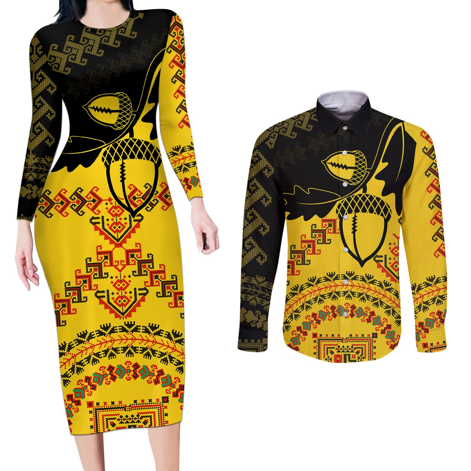 Personalised Romania Oaks Rugby Couples Matching Long Sleeve Bodycon Dress and Long Sleeve Button Shirts Romanian Pattern With Embroidery Motif LT9 - Wonder Print Shop