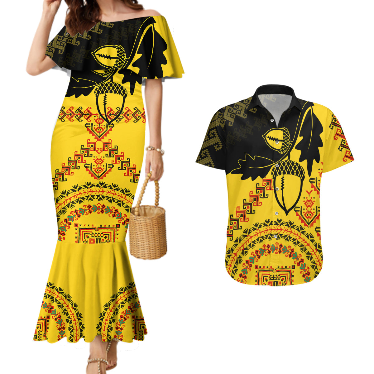 Personalised Romania Oaks Rugby Couples Matching Mermaid Dress and Hawaiian Shirt Romanian Pattern With Embroidery Motif LT9 - Wonder Print Shop