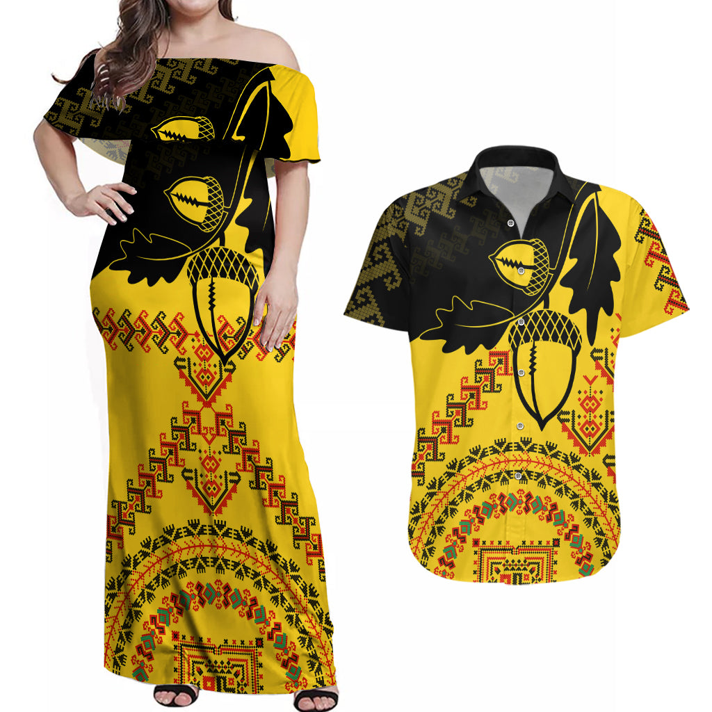 Personalised Romania Oaks Rugby Couples Matching Off Shoulder Maxi Dress and Hawaiian Shirt Romanian Pattern With Embroidery Motif LT9 - Wonder Print Shop