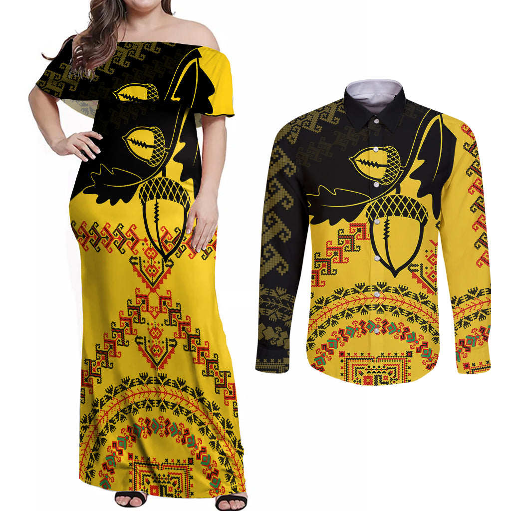 Personalised Romania Oaks Rugby Couples Matching Off Shoulder Maxi Dress and Long Sleeve Button Shirts Romanian Pattern With Embroidery Motif LT9 - Wonder Print Shop