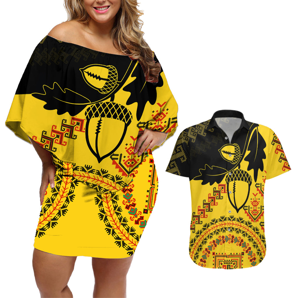 Personalised Romania Oaks Rugby Couples Matching Off Shoulder Short Dress and Hawaiian Shirt Romanian Pattern With Embroidery Motif LT9 - Wonder Print Shop