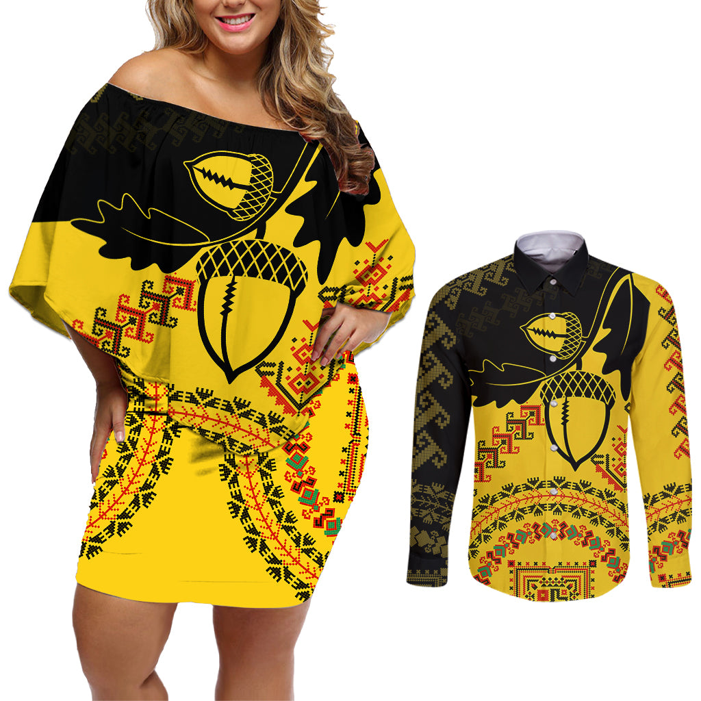 Personalised Romania Oaks Rugby Couples Matching Off Shoulder Short Dress and Long Sleeve Button Shirts Romanian Pattern With Embroidery Motif LT9 - Wonder Print Shop