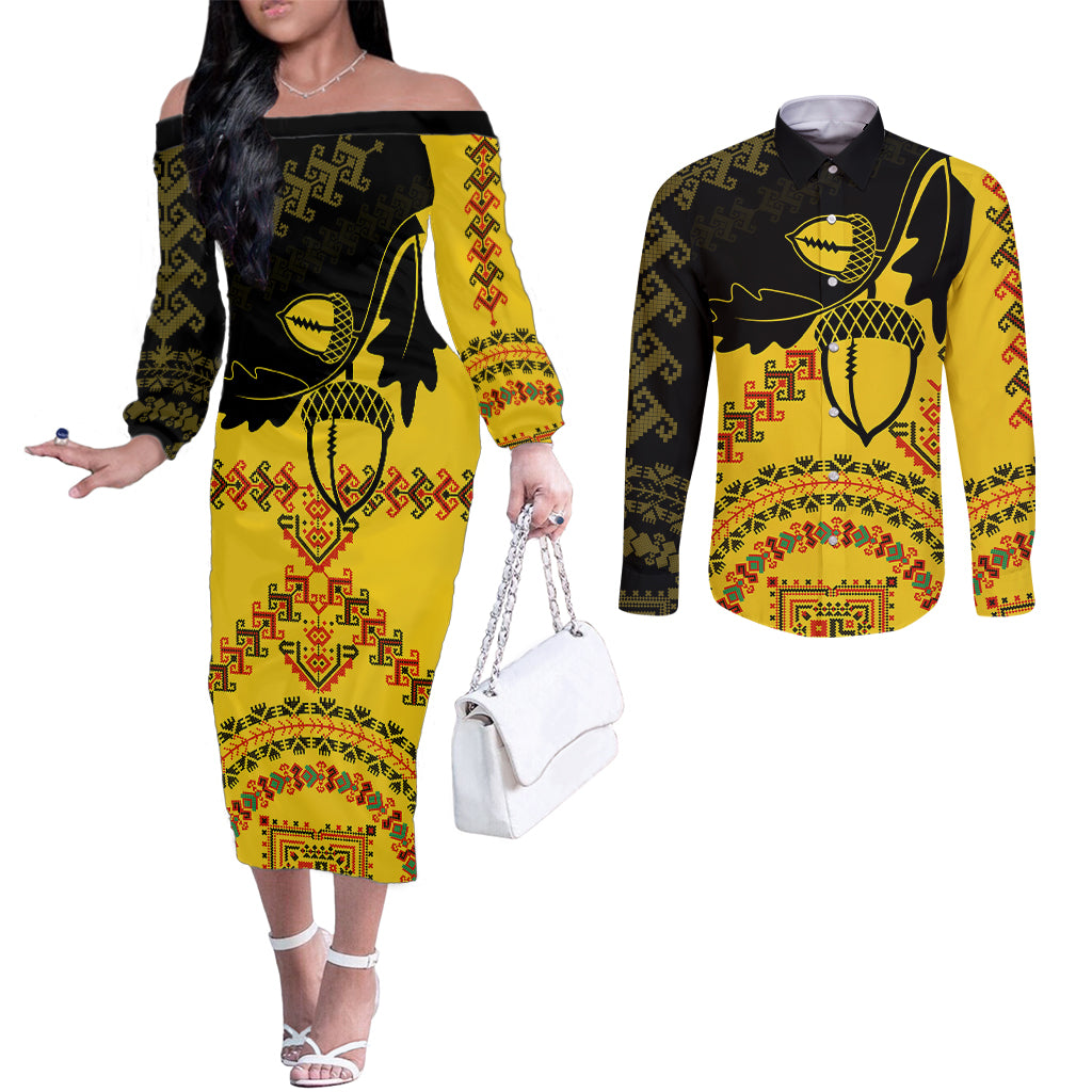 personalised-romania-oaks-rugby-couples-matching-off-the-shoulder-long-sleeve-dress-and-long-sleeve-button-shirts-romanian-pattern-with-embroidery-motif