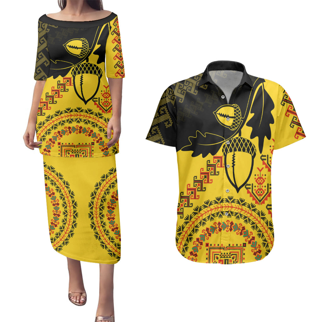 Personalised Romania Oaks Rugby Couples Matching Puletasi Dress and Hawaiian Shirt Romanian Pattern With Embroidery Motif LT9 - Wonder Print Shop