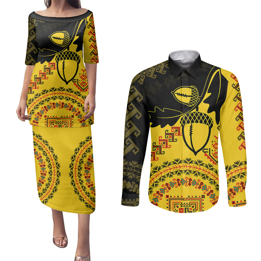 Personalised Romania Oaks Rugby Couples Matching Puletasi Dress and Long Sleeve Button Shirts Romanian Pattern With Embroidery Motif LT9 - Wonder Print Shop