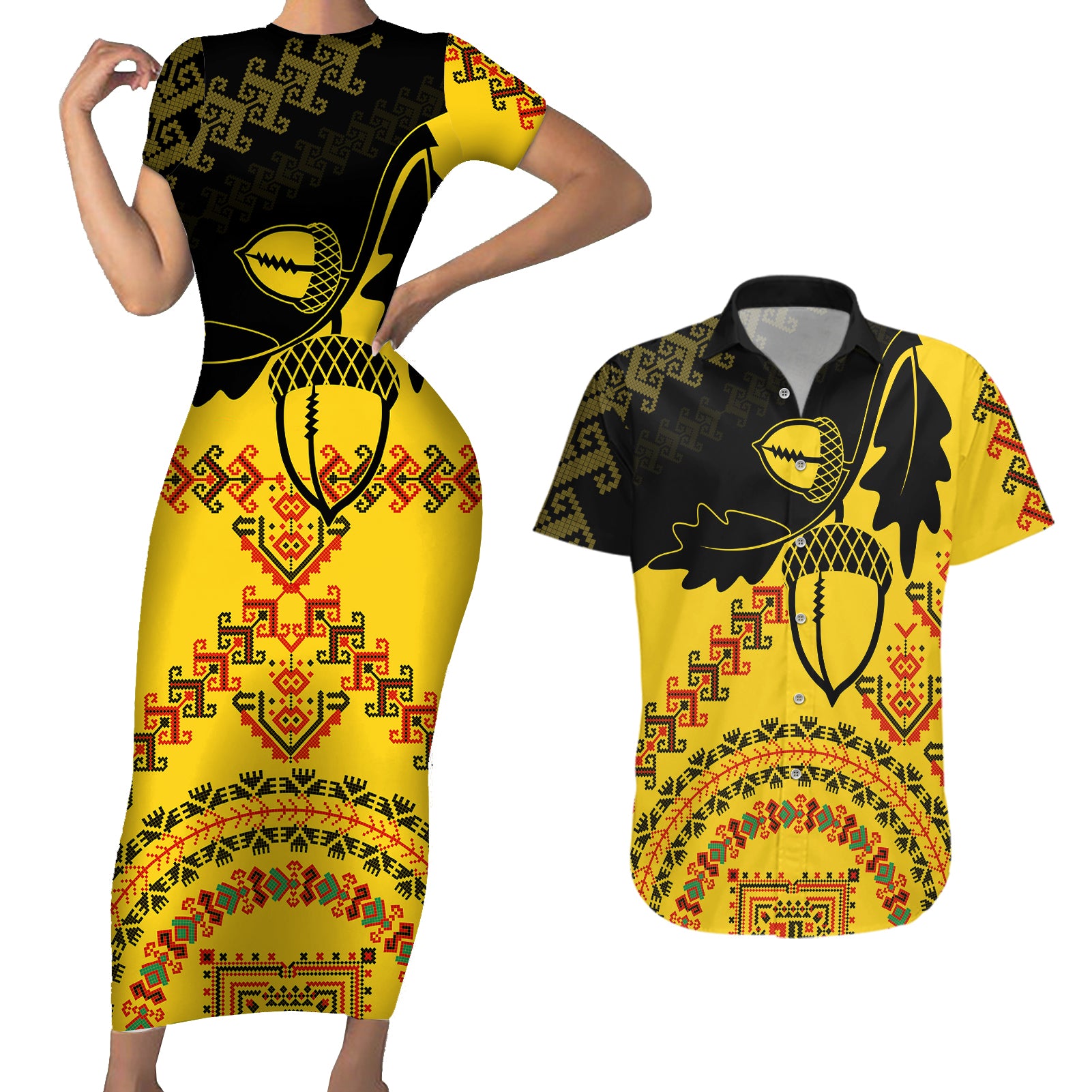 Personalised Romania Oaks Rugby Couples Matching Short Sleeve Bodycon Dress and Hawaiian Shirt Romanian Pattern With Embroidery Motif LT9 - Wonder Print Shop