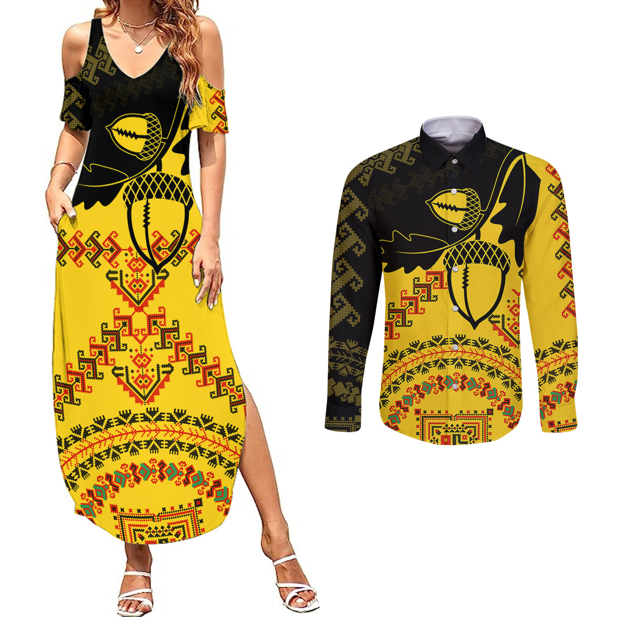 Personalised Romania Oaks Rugby Couples Matching Summer Maxi Dress and Long Sleeve Button Shirts Romanian Pattern With Embroidery Motif LT9 - Wonder Print Shop