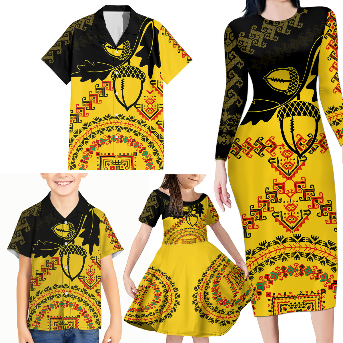 Personalised Romania Oaks Rugby Family Matching Long Sleeve Bodycon Dress and Hawaiian Shirt Romanian Pattern With Embroidery Motif LT9 - Wonder Print Shop