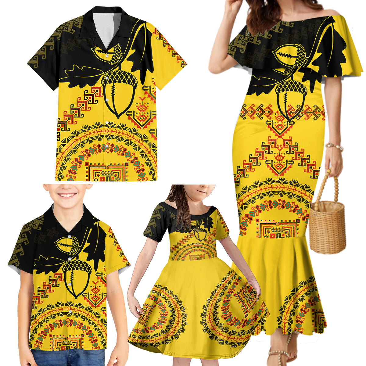 Personalised Romania Oaks Rugby Family Matching Mermaid Dress and Hawaiian Shirt Romanian Pattern With Embroidery Motif LT9 - Wonder Print Shop