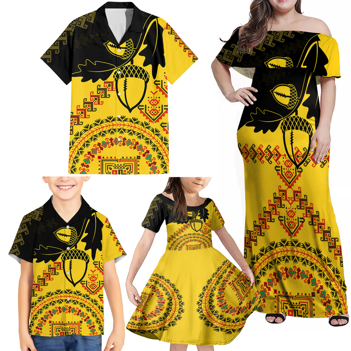 Personalised Romania Oaks Rugby Family Matching Off Shoulder Maxi Dress and Hawaiian Shirt Romanian Pattern With Embroidery Motif LT9 - Wonder Print Shop