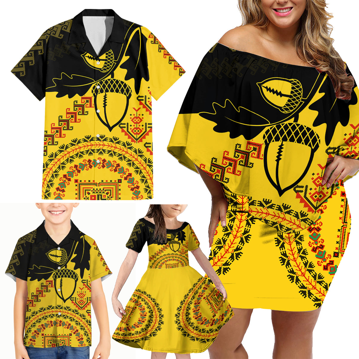 Personalised Romania Oaks Rugby Family Matching Off Shoulder Short Dress and Hawaiian Shirt Romanian Pattern With Embroidery Motif LT9 - Wonder Print Shop