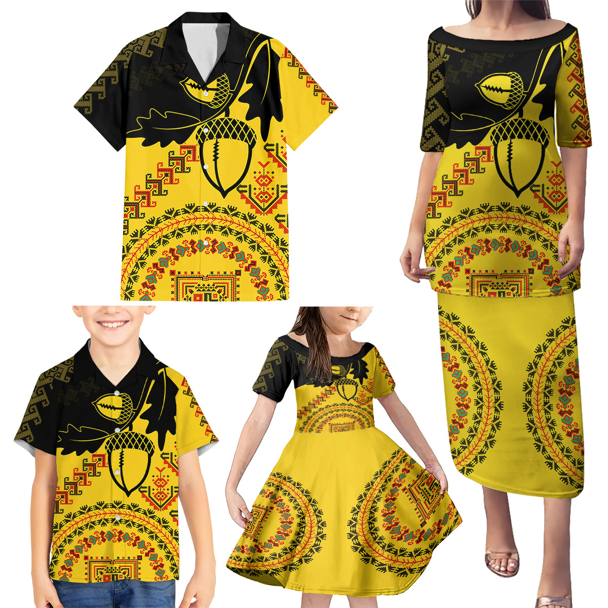 Personalised Romania Oaks Rugby Family Matching Puletasi Dress and Hawaiian Shirt Romanian Pattern With Embroidery Motif - Wonder Print Shop