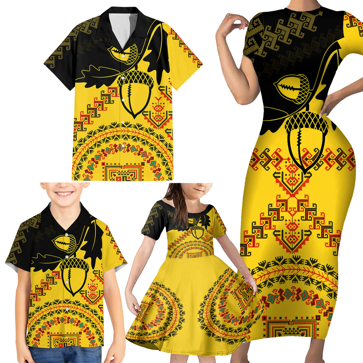 Personalised Romania Oaks Rugby Family Matching Short Sleeve Bodycon Dress and Hawaiian Shirt Romanian Pattern With Embroidery Motif - Wonder Print Shop