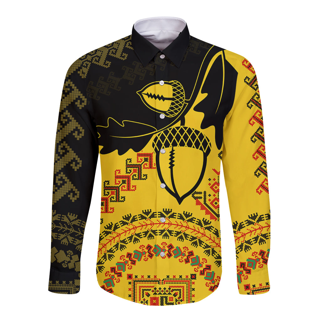 Long-sleeve rugby button shirt, dark with colorful Romanian-style embroidery front