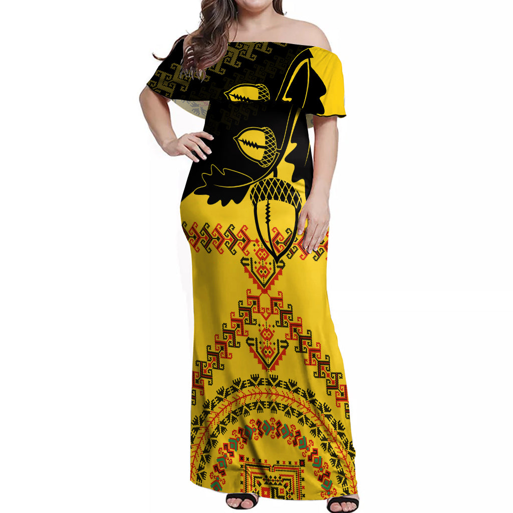 Personalised Romania Oaks Rugby Off Shoulder Maxi Dress Romanian Pattern With Embroidery Motif - Wonder Print Shop