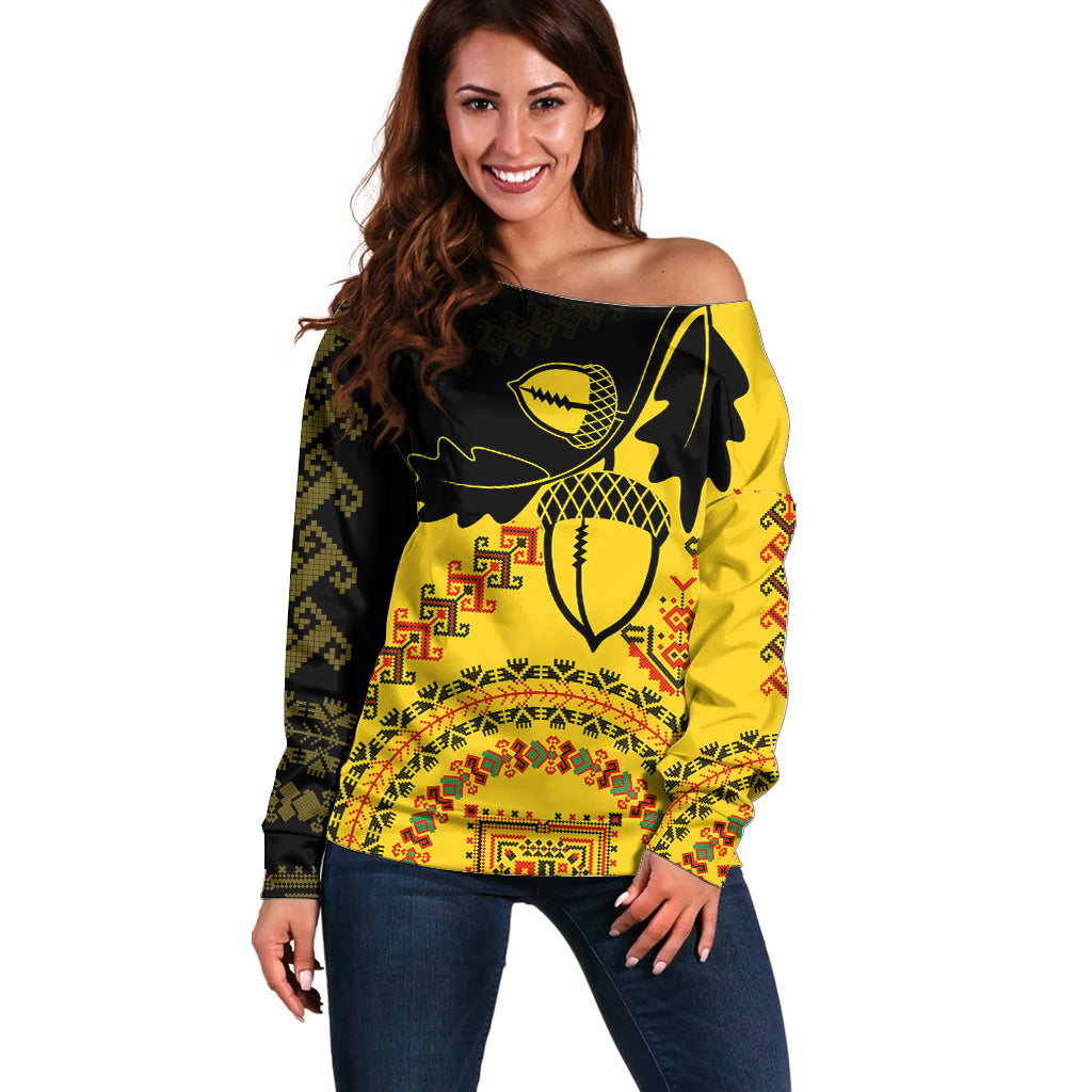 Personalised Romania Oaks Rugby Off Shoulder Sweater Romanian Pattern With Embroidery Motif - Wonder Print Shop