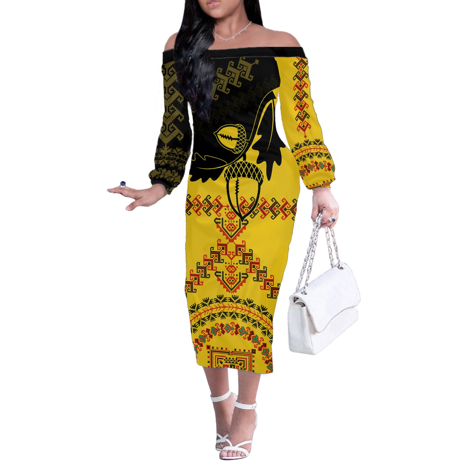 Personalised Romania Oaks Rugby Off The Shoulder Long Sleeve Dress Romanian Pattern With Embroidery Motif - Wonder Print Shop