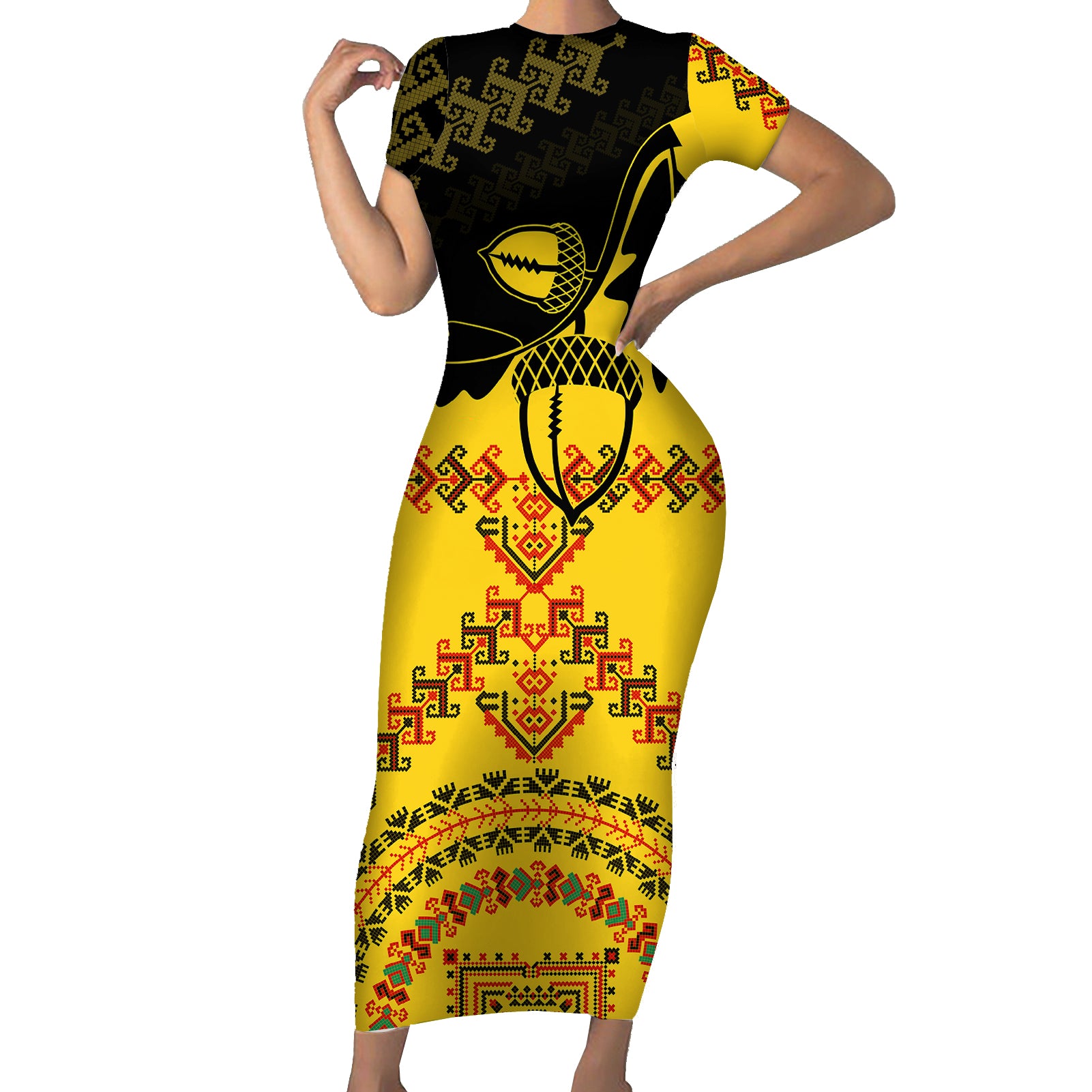 Personalised Romania Oaks Rugby Short Sleeve Bodycon Dress Romanian Pattern With Embroidery Motif - Wonder Print Shop