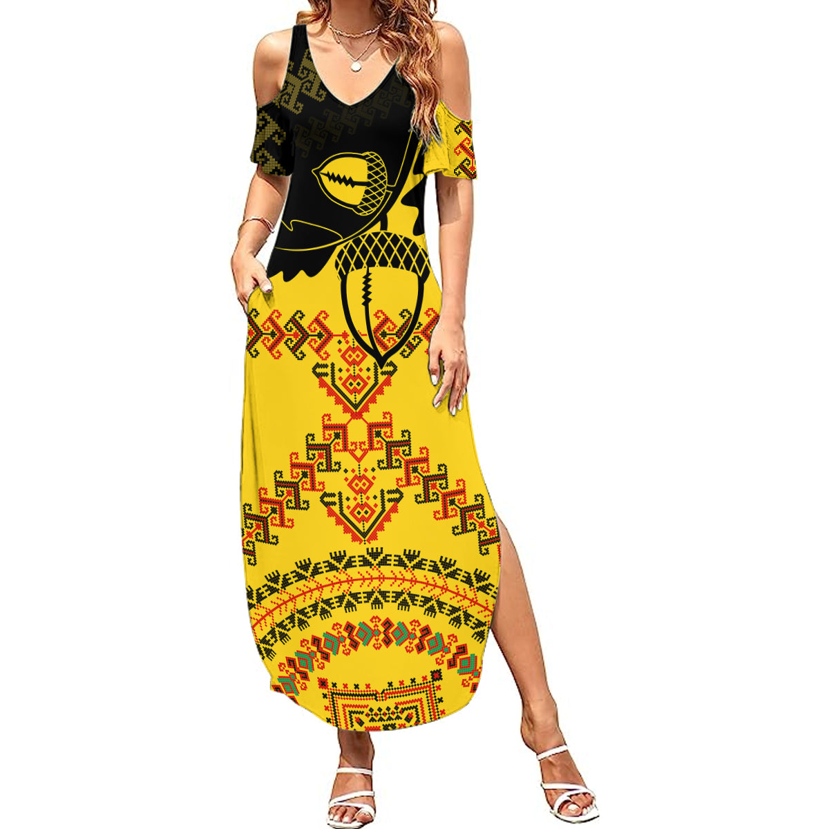 Personalised Romania Oaks Rugby Summer Maxi Dress Romanian Pattern With Embroidery Motif - Wonder Print Shop