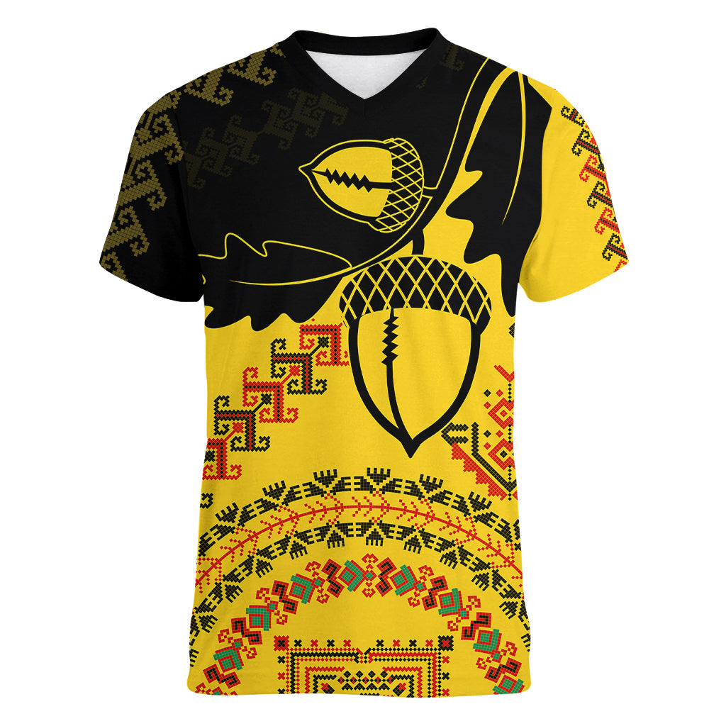 Personalised Romania Oaks Rugby Women V Neck T Shirt Romanian Pattern With Embroidery Motif - Wonder Print Shop