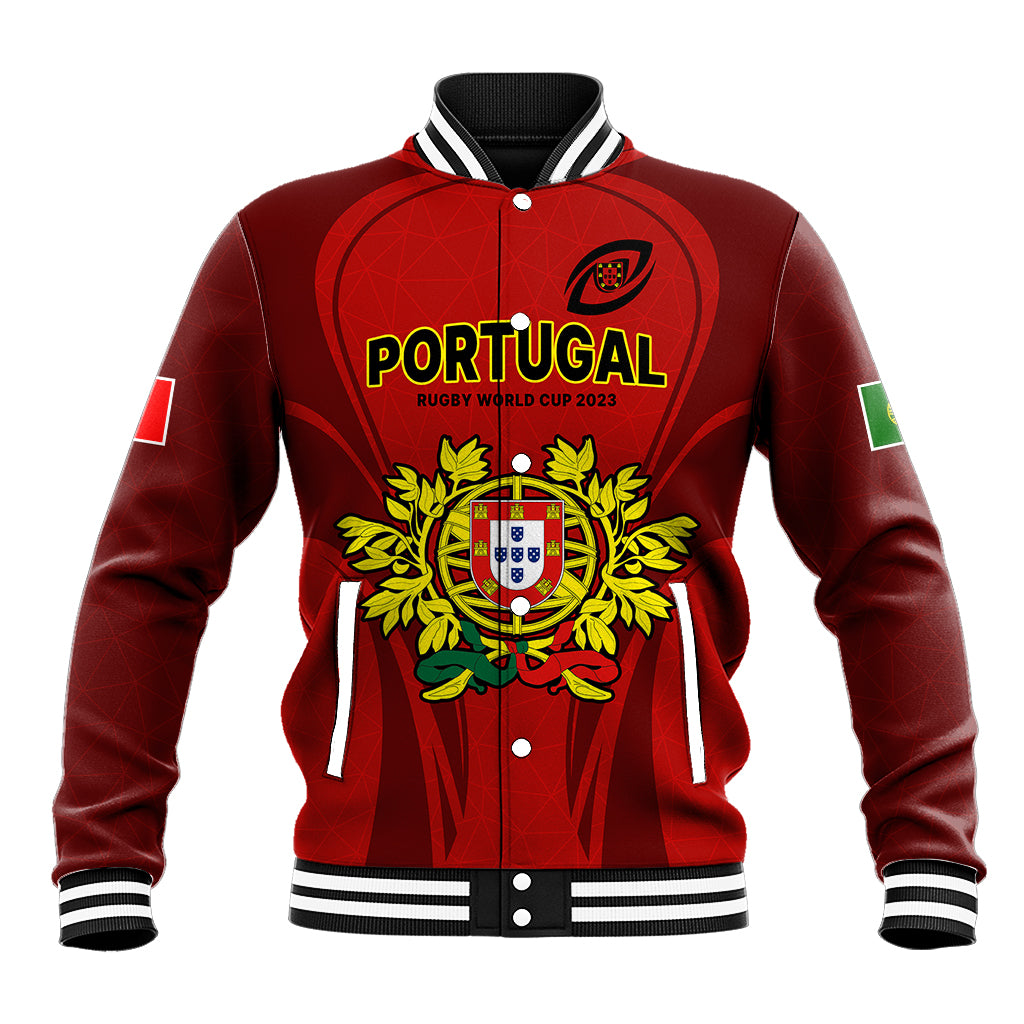 Red Portugal rugby baseball jacket with front crest and striped ribbed collar