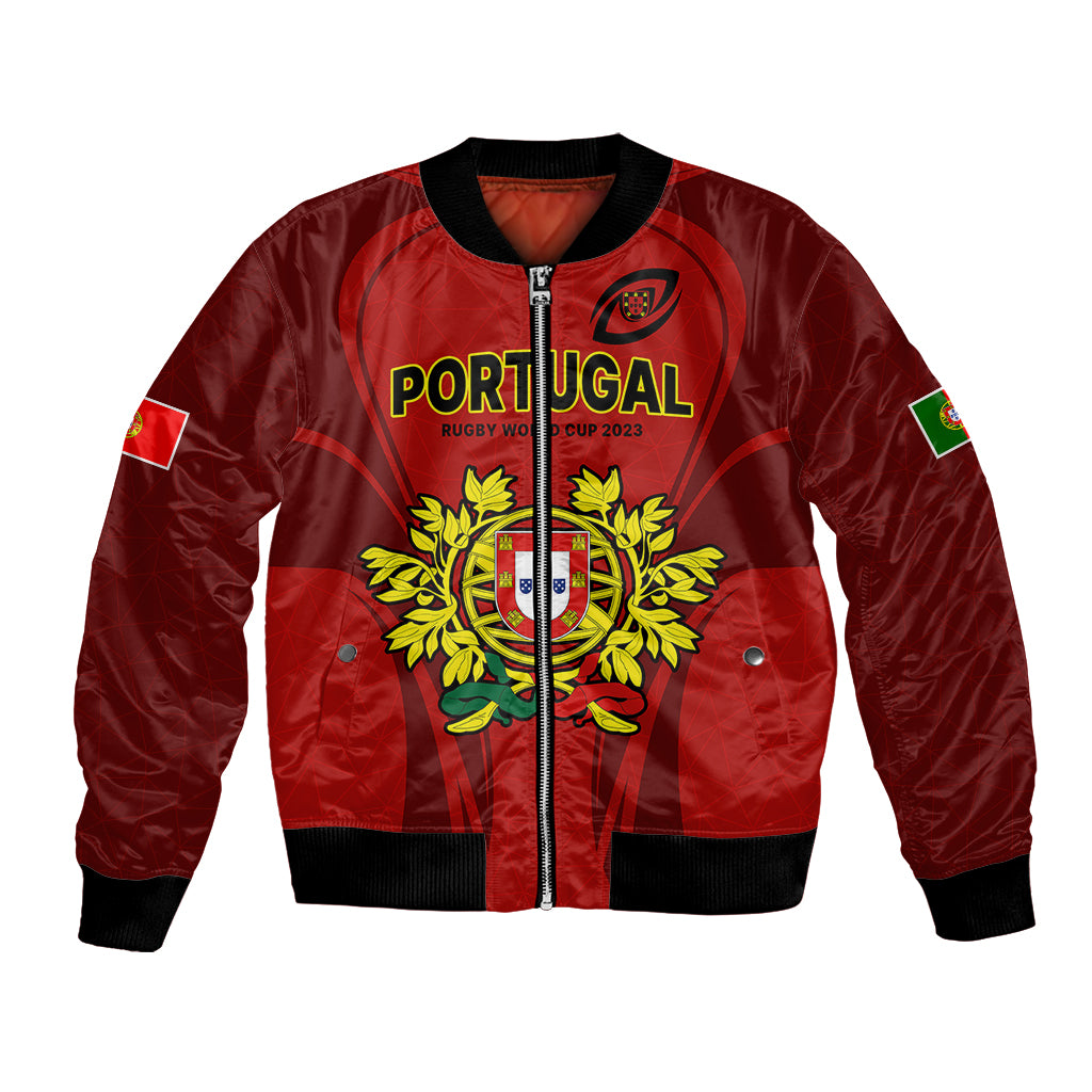 Red unisex rugby bomber jacket with front zipper and Portugal crest graphic