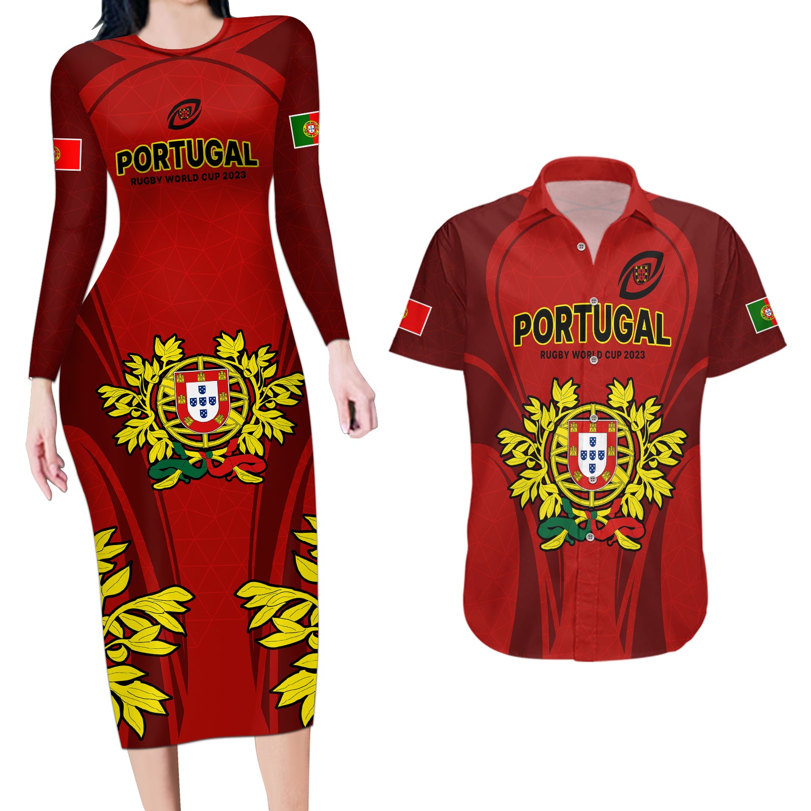 Portugal Rugby Couples Matching Long Sleeve Bodycon Dress and Hawaiian Shirt The Wolves World Cup 2023 Go Os Lobos LT9 - Wonder Print Shop