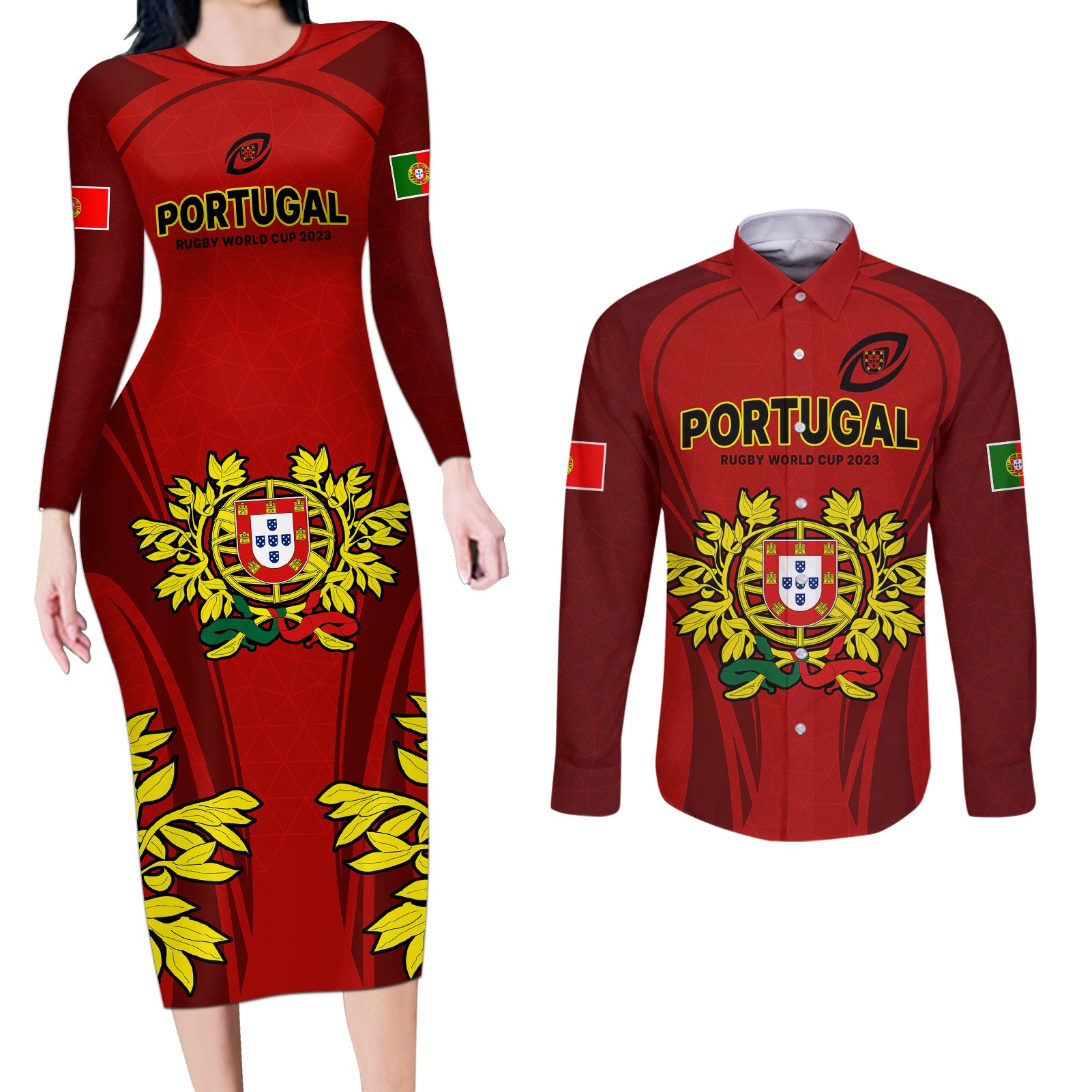 Portugal Rugby Couples Matching Long Sleeve Bodycon Dress and Long Sleeve Button Shirts The Wolves World Cup 2023 Go Os Lobos LT9 - Wonder Print Shop