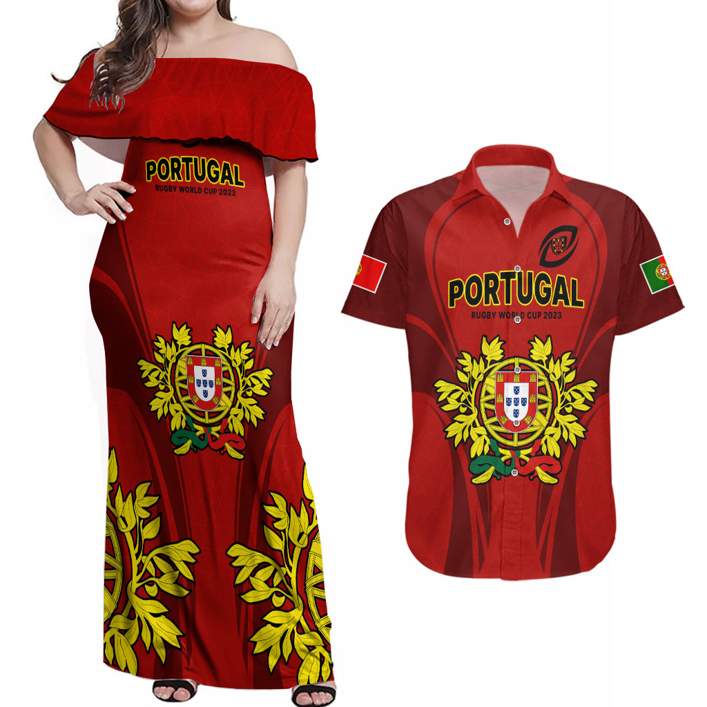 Portugal Rugby Couples Matching Off Shoulder Maxi Dress and Hawaiian Shirt The Wolves World Cup 2023 Go Os Lobos LT9 - Wonder Print Shop